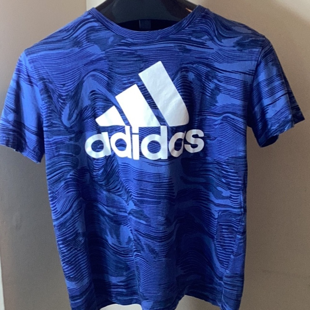 adidas Blue & White Unisex Athletic Short Sleeves T-Shirt - Picture 2 of 4